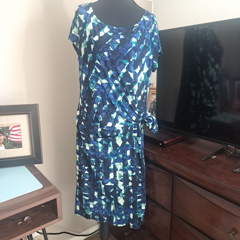 Merona Blue and Green Ruched Asymmetrical Sheath Dress